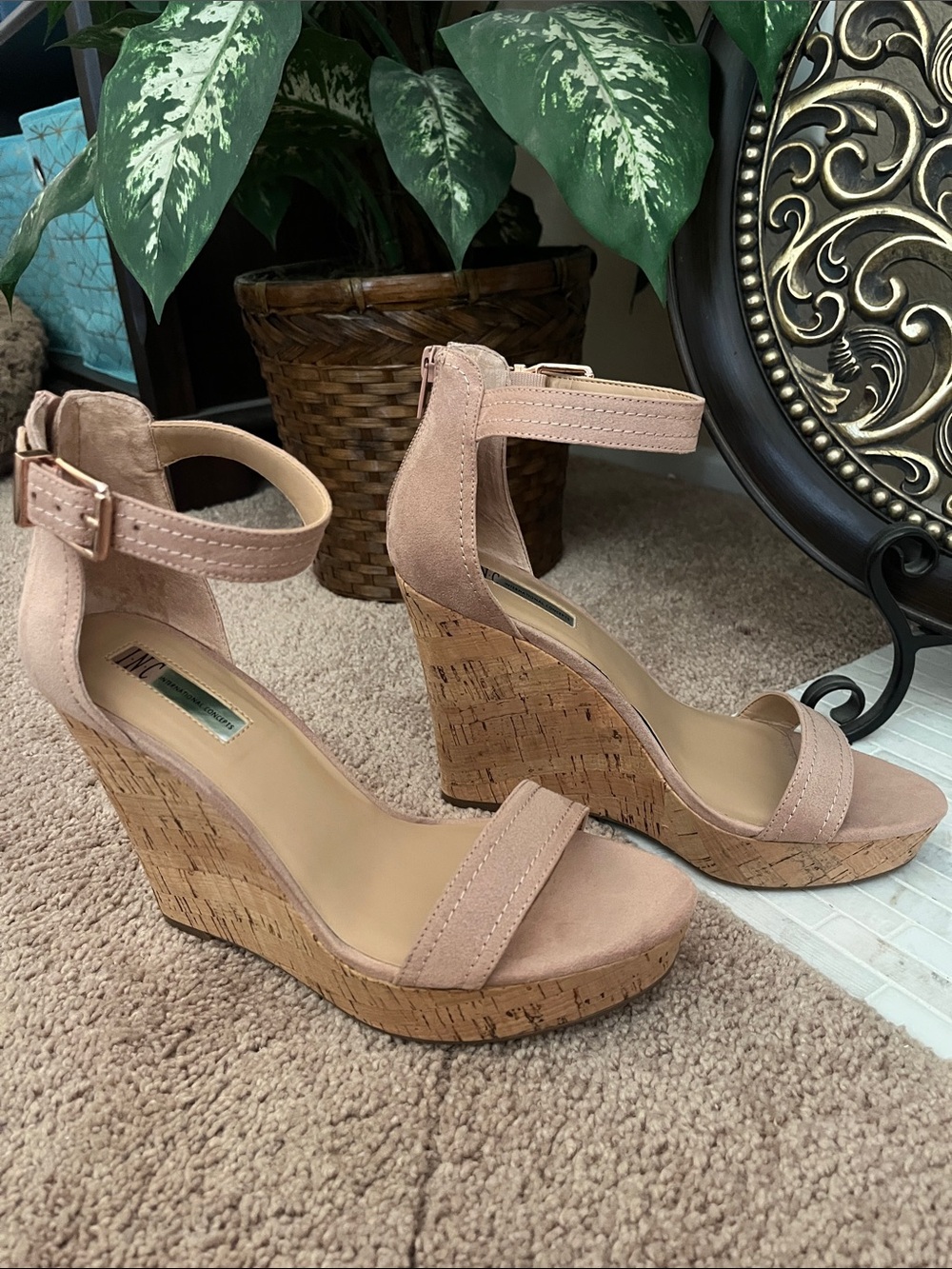 I.N.C nude Suede-like Cork Wedge platform Sandals with Ankle Strap